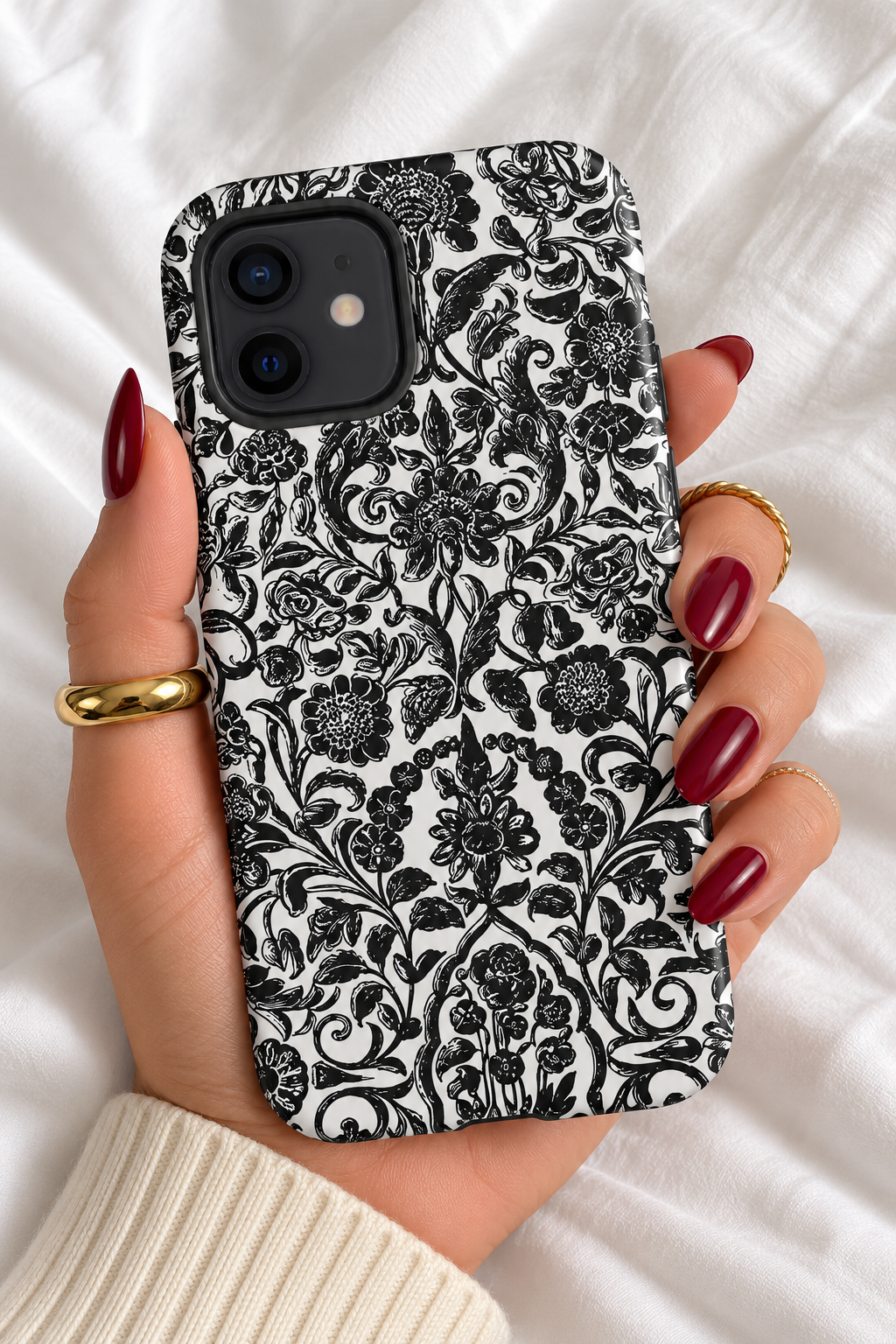 Black & White Vintage Floral iPhone Case – Ornate Botanical Tough Case