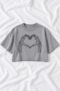 Skeleton Heart Hands Snow Washed Raw Edge Crop Top