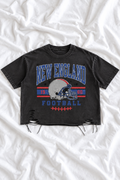 Vintage New England Football Distressed T-Shirt | Snow Washed Raw Hem Graphic Tee | Navy Blue & Red Game Day Shirt