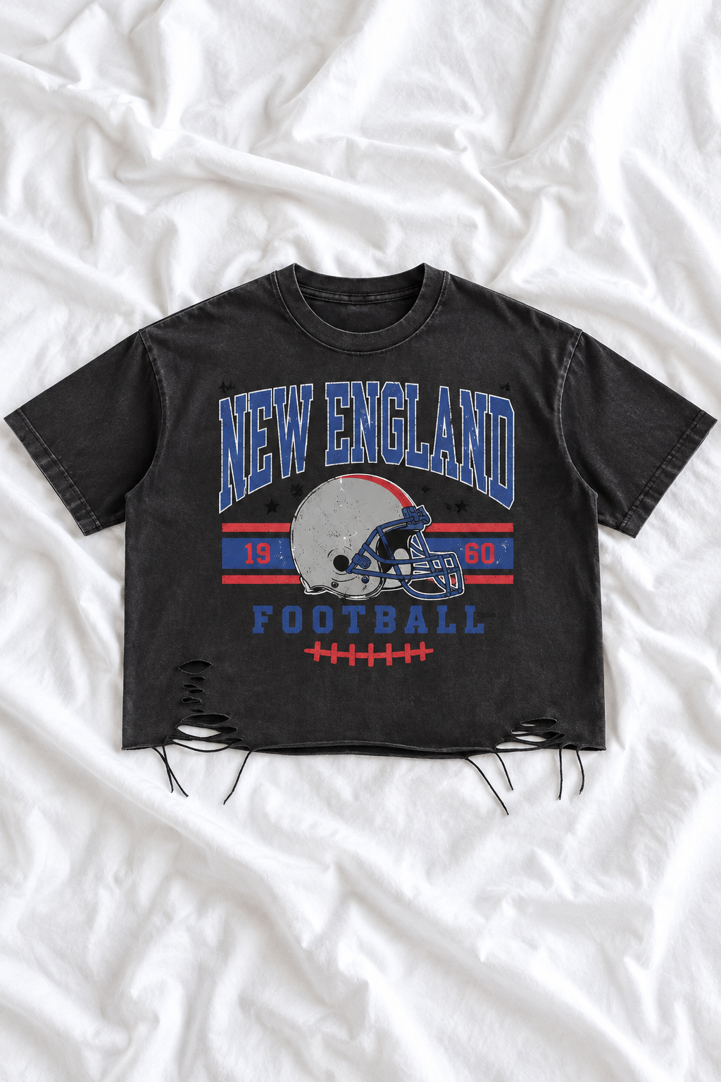 Vintage New England Football Distressed T-Shirt | Snow Washed Raw Hem Graphic Tee | Navy Blue & Red Game Day Shirt