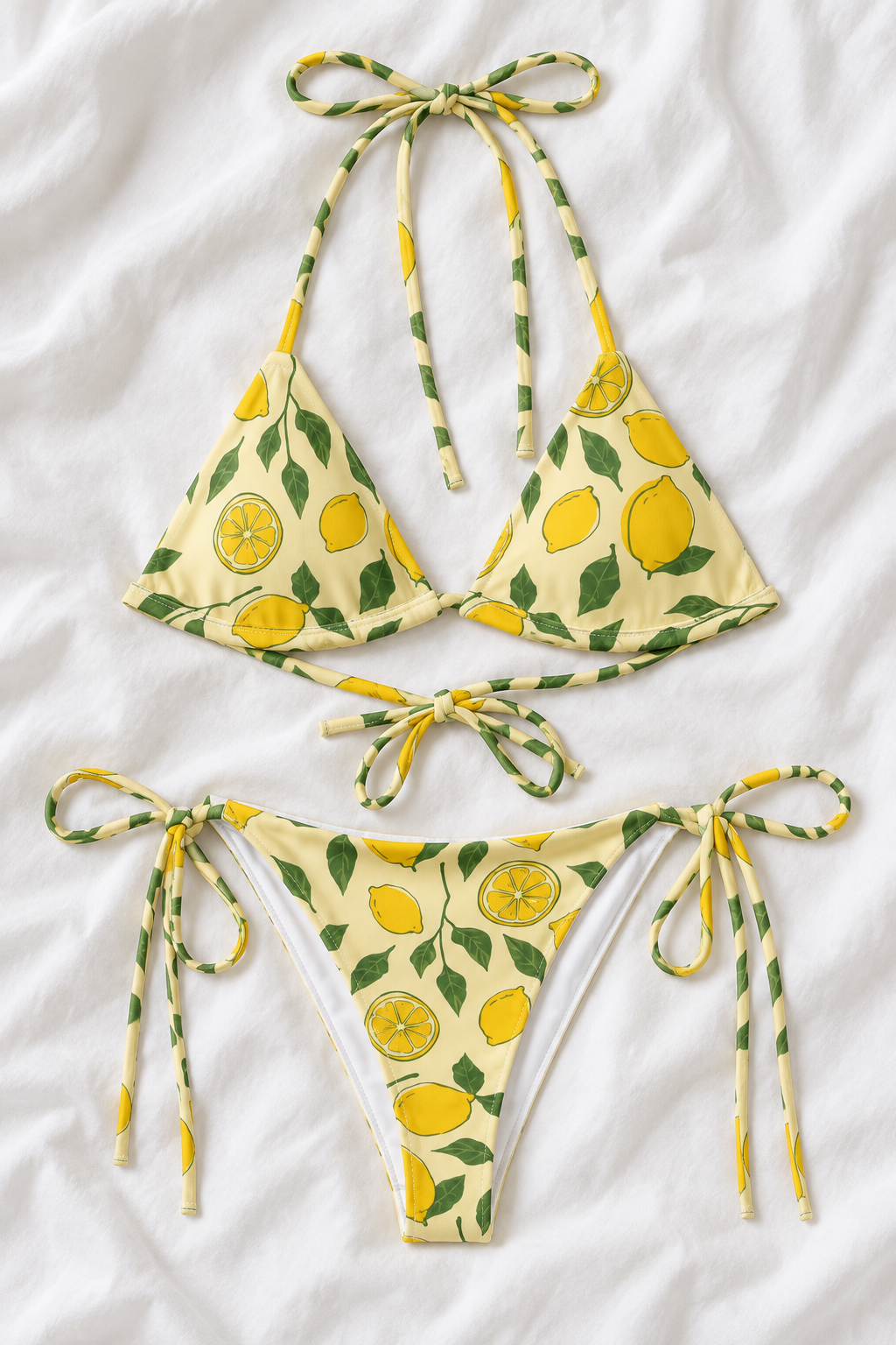 Lemon Grove String Bikini Set | Yellow Lemon Print Two-Piece Swimsuit | Italian Summer Triangle Bikini