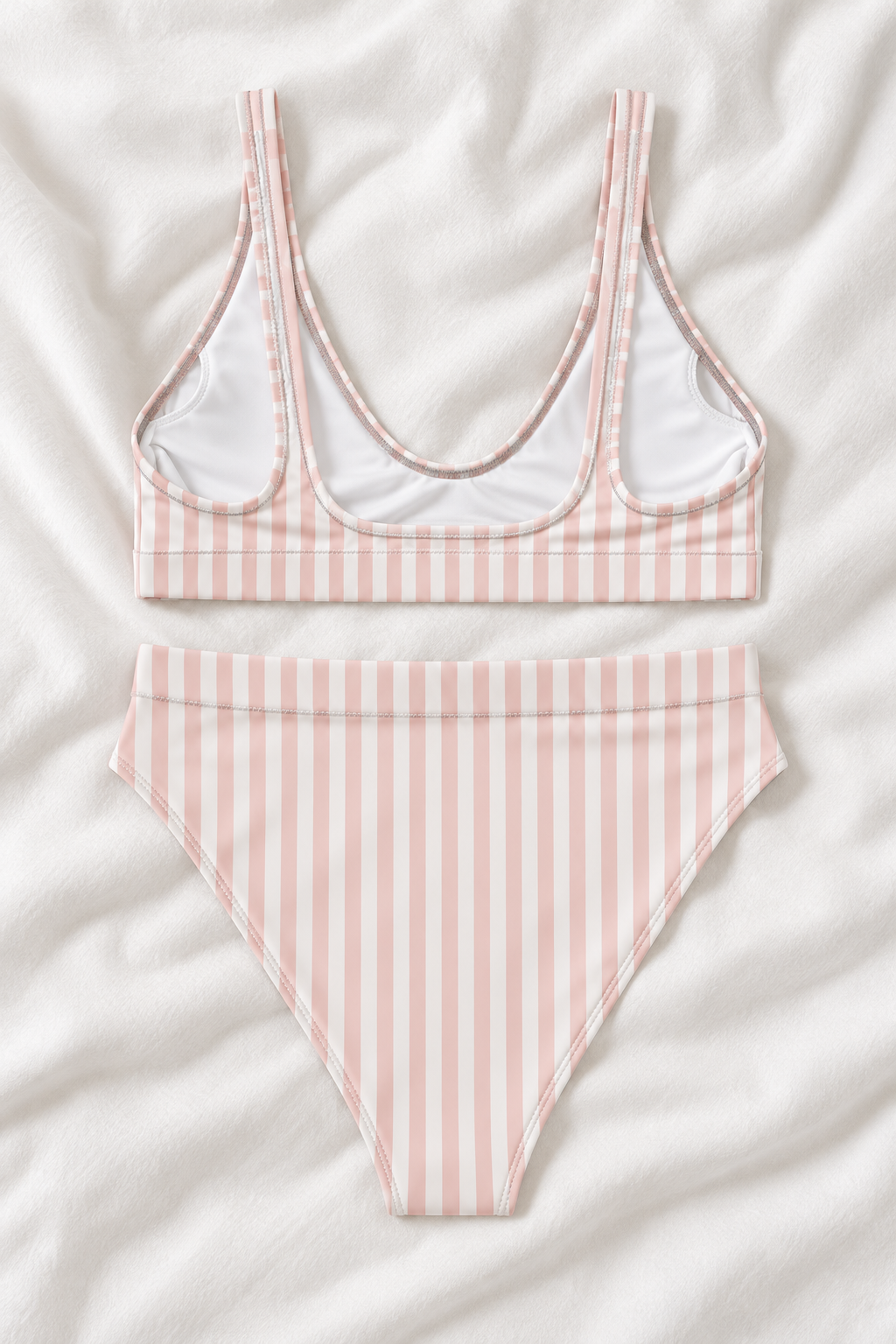 Blush Pink & White Striped High Waisted Bikini Set | Two Piece Swimsuit