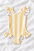 Yellow Stripe Girls’ Ruffle Swimsuit – Kids Striped One Piece Swimwear