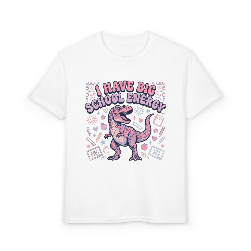 Youth T-Shirt — “I Have Big School Energy” Pink Dinosaur Back-to-School Tee