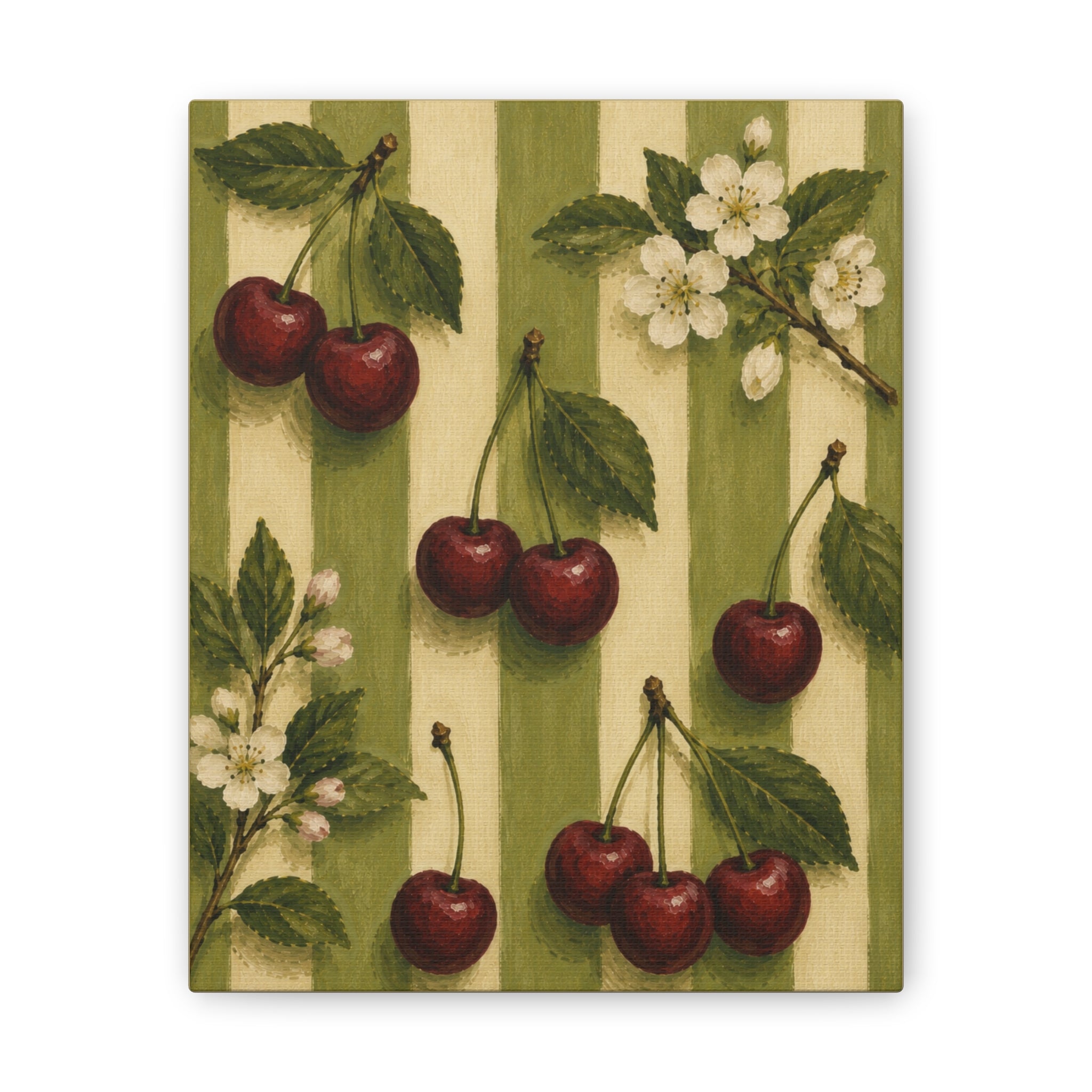 Vintage Cherry Canvas Wall Art, French Country Kitchen Decor, Botanical Fruit Artwork, Farmhouse Cottagecore Stretched Canvas