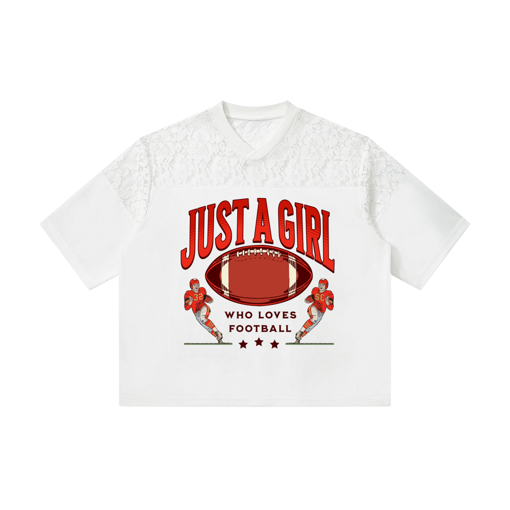 Just a Girl Who Loves Football Lace Jersey Tee | Women's Oversized Game Day Shirt