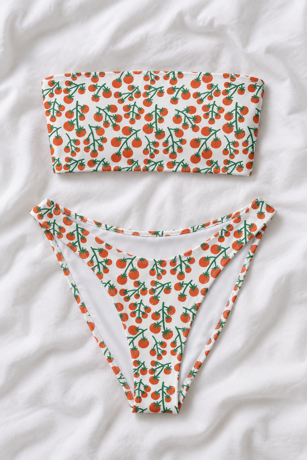 Tomato Girl Summer Bandeau Bikini Set | Red Tomato Print V-Cut Bikini Bottoms | Italian Summer Swimwear