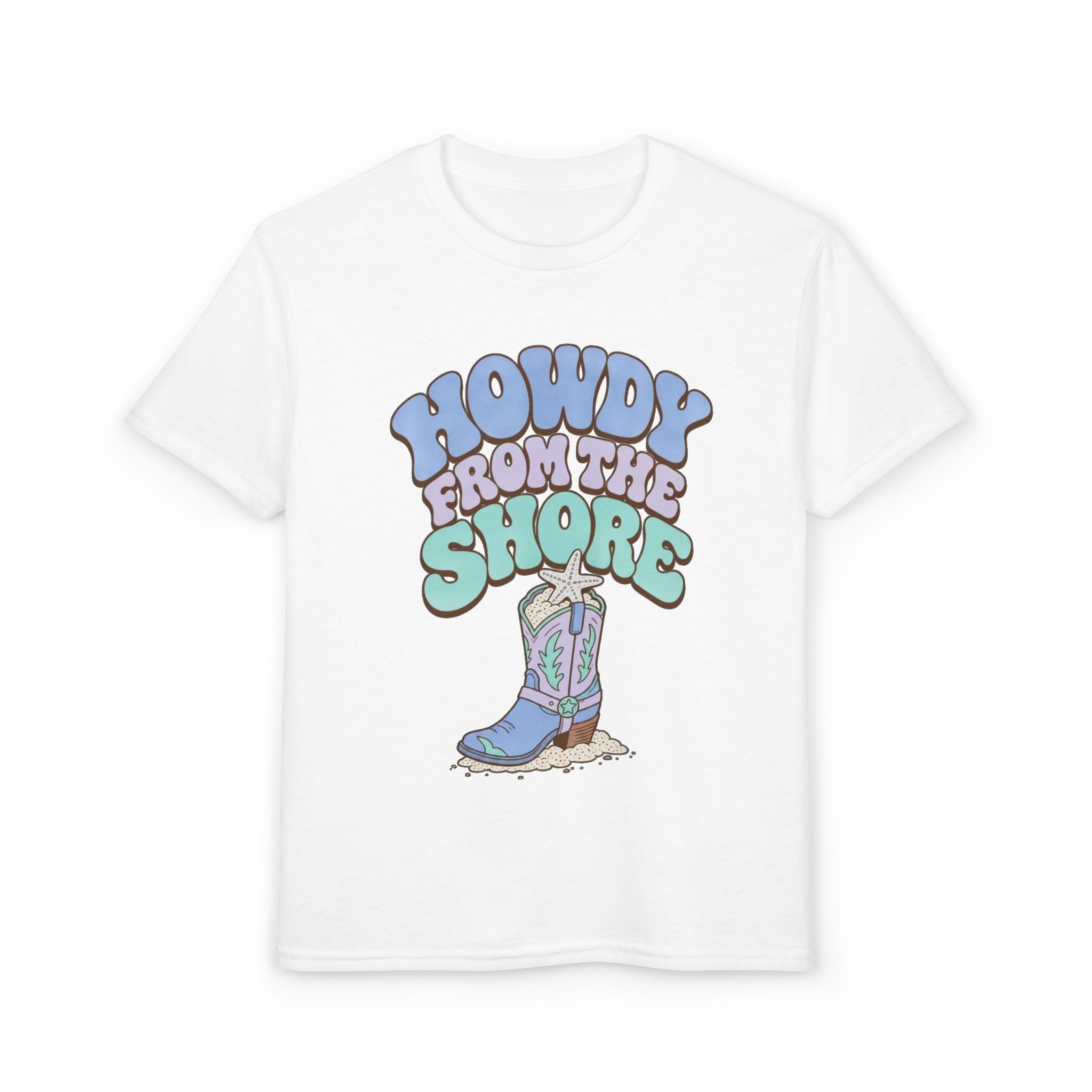 Howdy From The Shore Youth T‑Shirt — Pastel Beach Cowboy Graphic