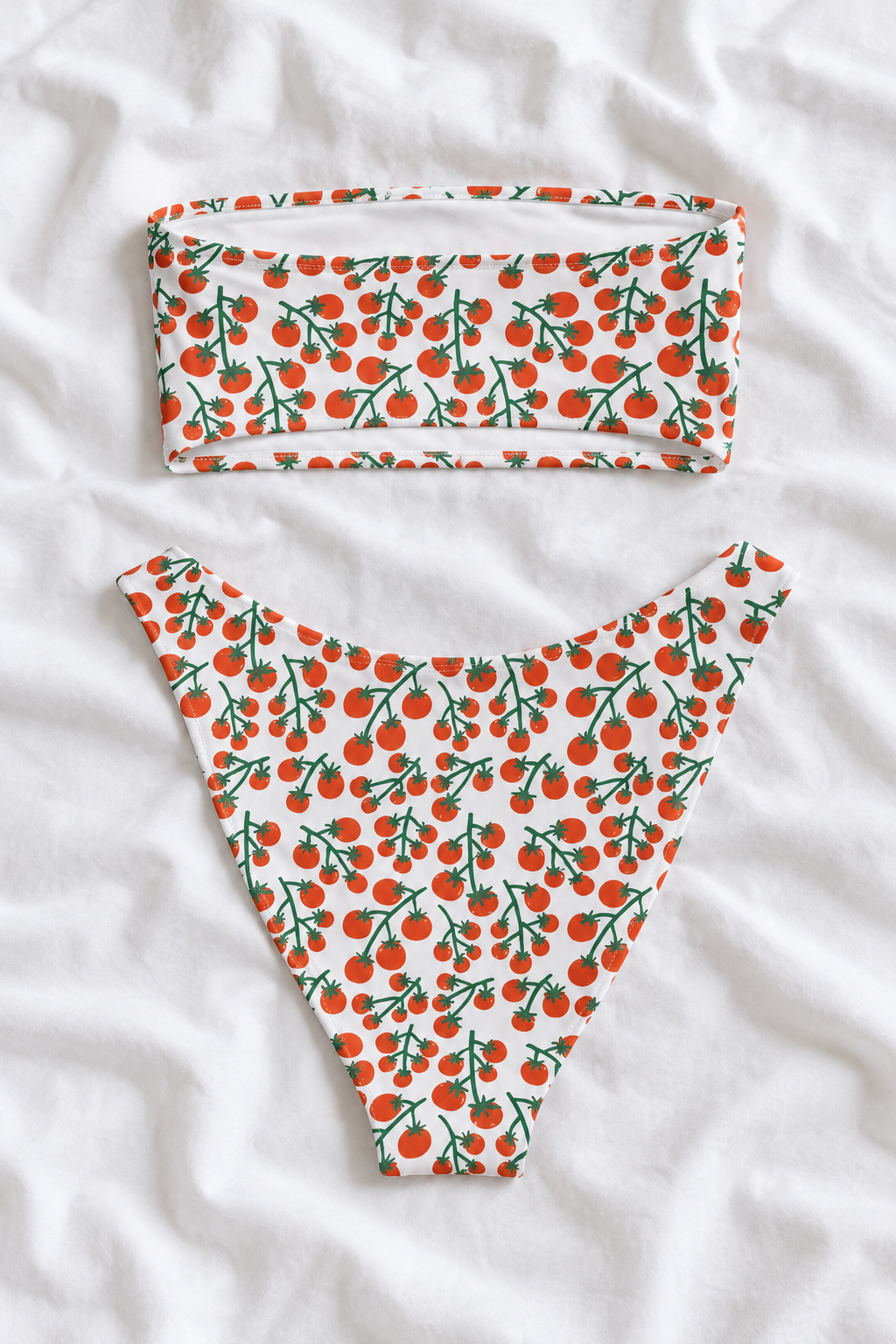 Tomato Girl Summer Bandeau Bikini Set | Red Tomato Print V-Cut Bikini Bottoms | Italian Summer Swimwear