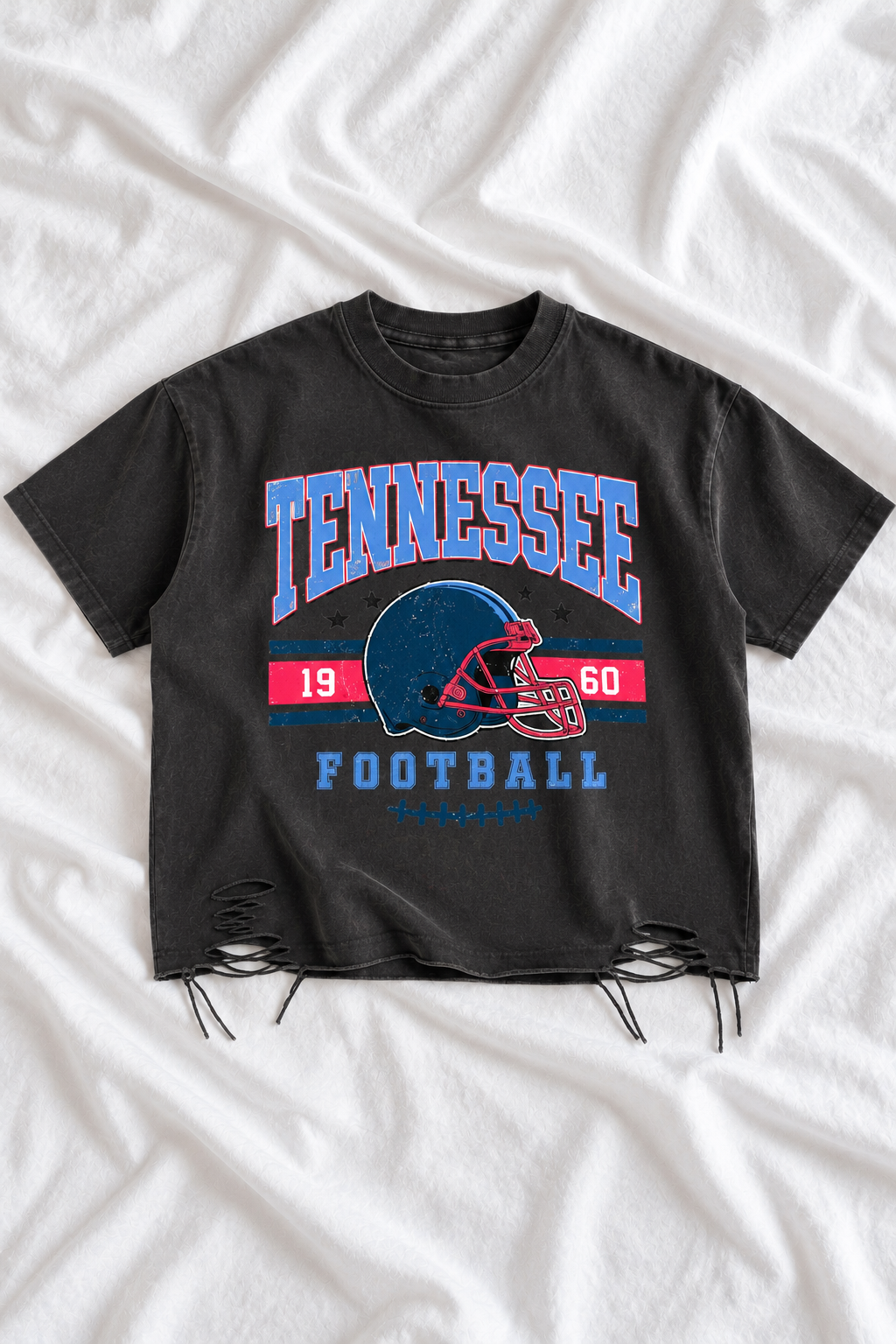 Vintage Tennessee Football Distressed T-Shirt | Snow Washed Raw Hem Graphic Tee | Navy Blue & Light Blue Game Day Shirt