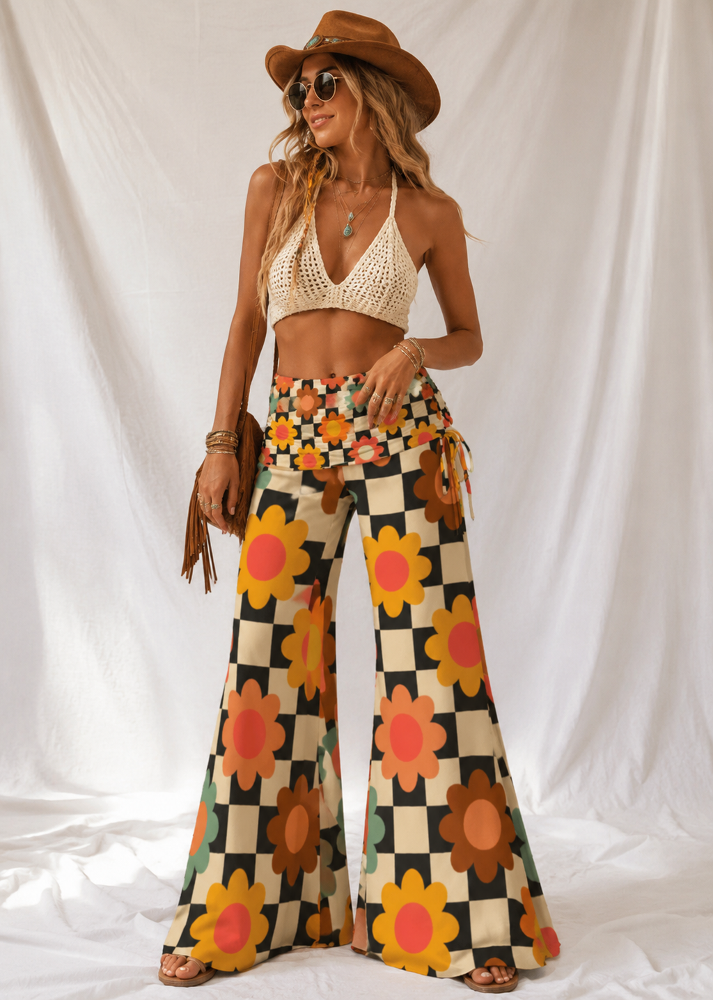 Retro Checker Floral Wide Leg Pants | Women's Groovy 70s Lounge Pants