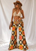 Retro Checker Floral Wide Leg Pants | Women's Groovy 70s Lounge Pants