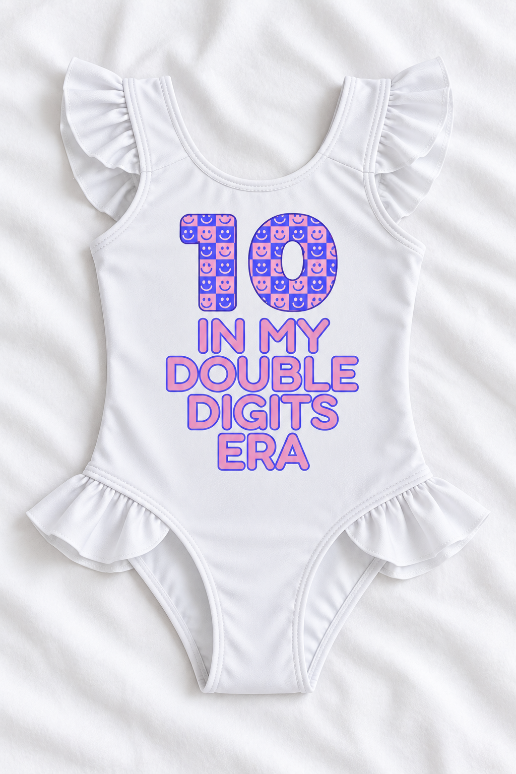 10 Double Digits Era Girls’ Ruffle Swimsuit – 10th Birthday Kids Swimwear