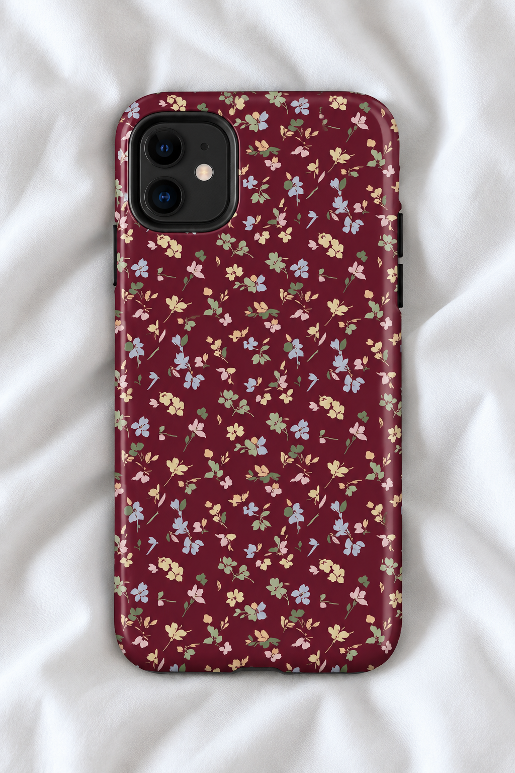 Burgundy Ditsy Floral Tough iPhone Case – Vintage Wildflower Botanical Phone Cover