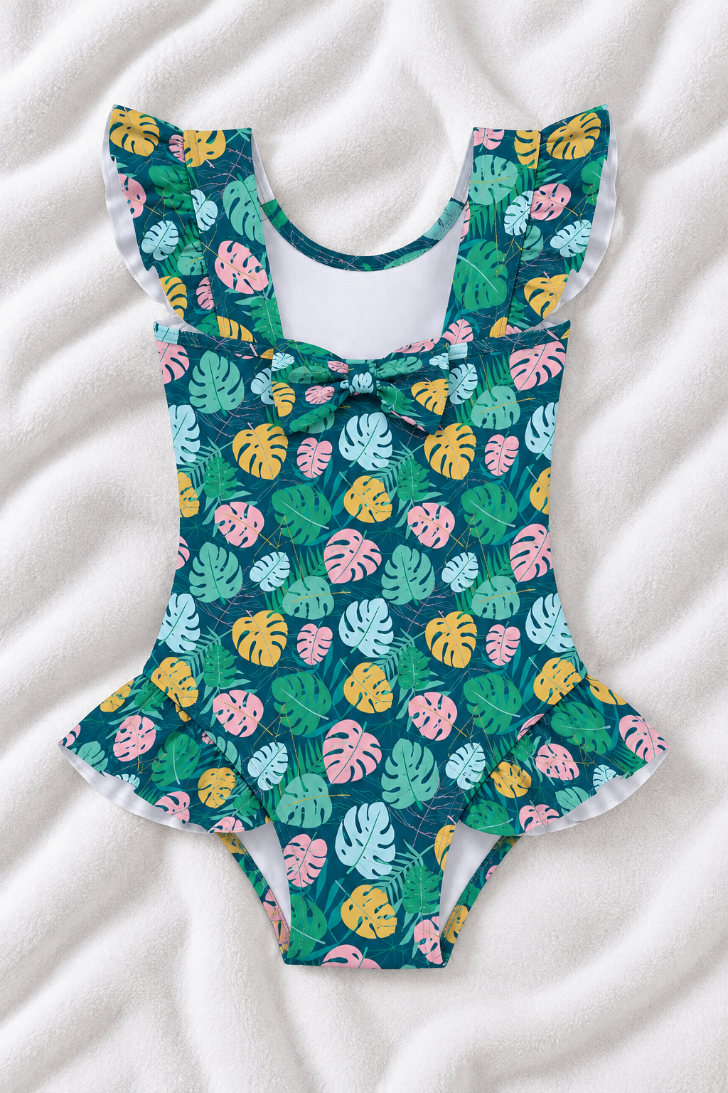 Hawaiian Print Girls’ Ruffle Swimsuit – Kids Tropical One Piece Swimwear