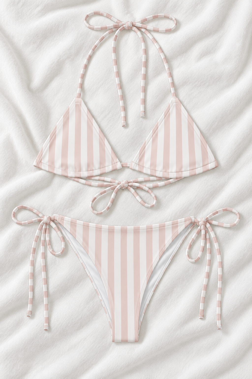 Blush Pink & White Striped Triangle Bikini Set | Tie Side Two Piece Swimsuit