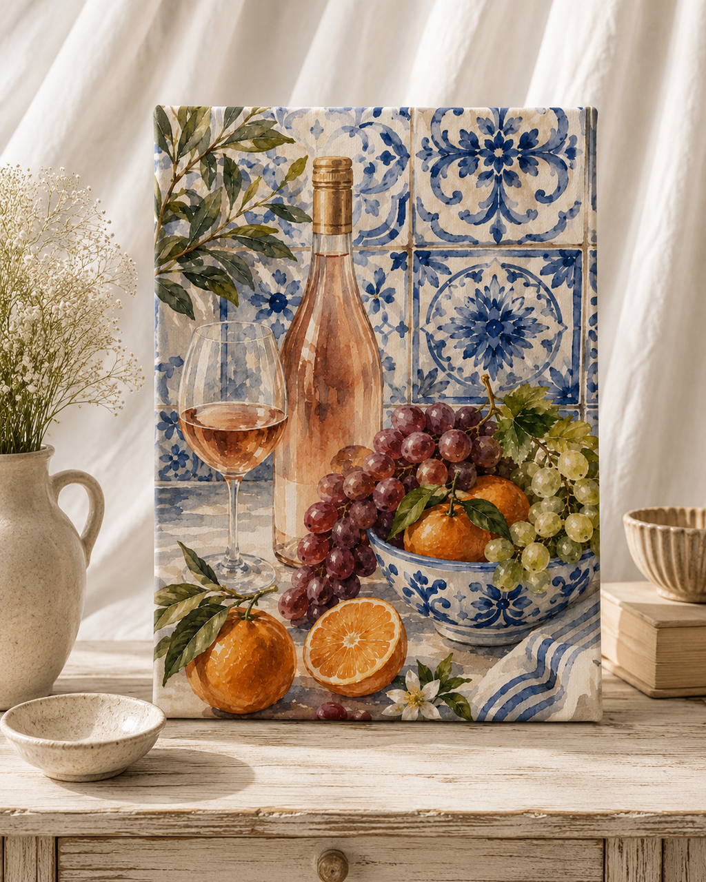 Mediterranean Rosé & Citrus Canvas Wall Art | Blue Tile Kitchen Canvas | Stretched Canvas Print