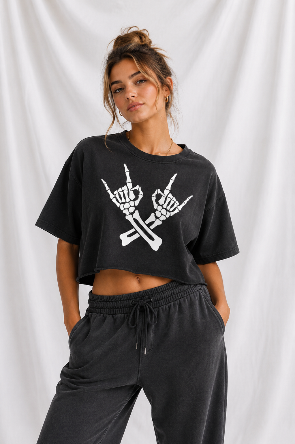 Skeleton Rock Hands Snow Washed Raw Edge Crop Top