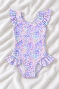 Pastel Leopard Girls’ Ruffle Swimsuit – Kids Purple Animal Print One Piece Swimwear
