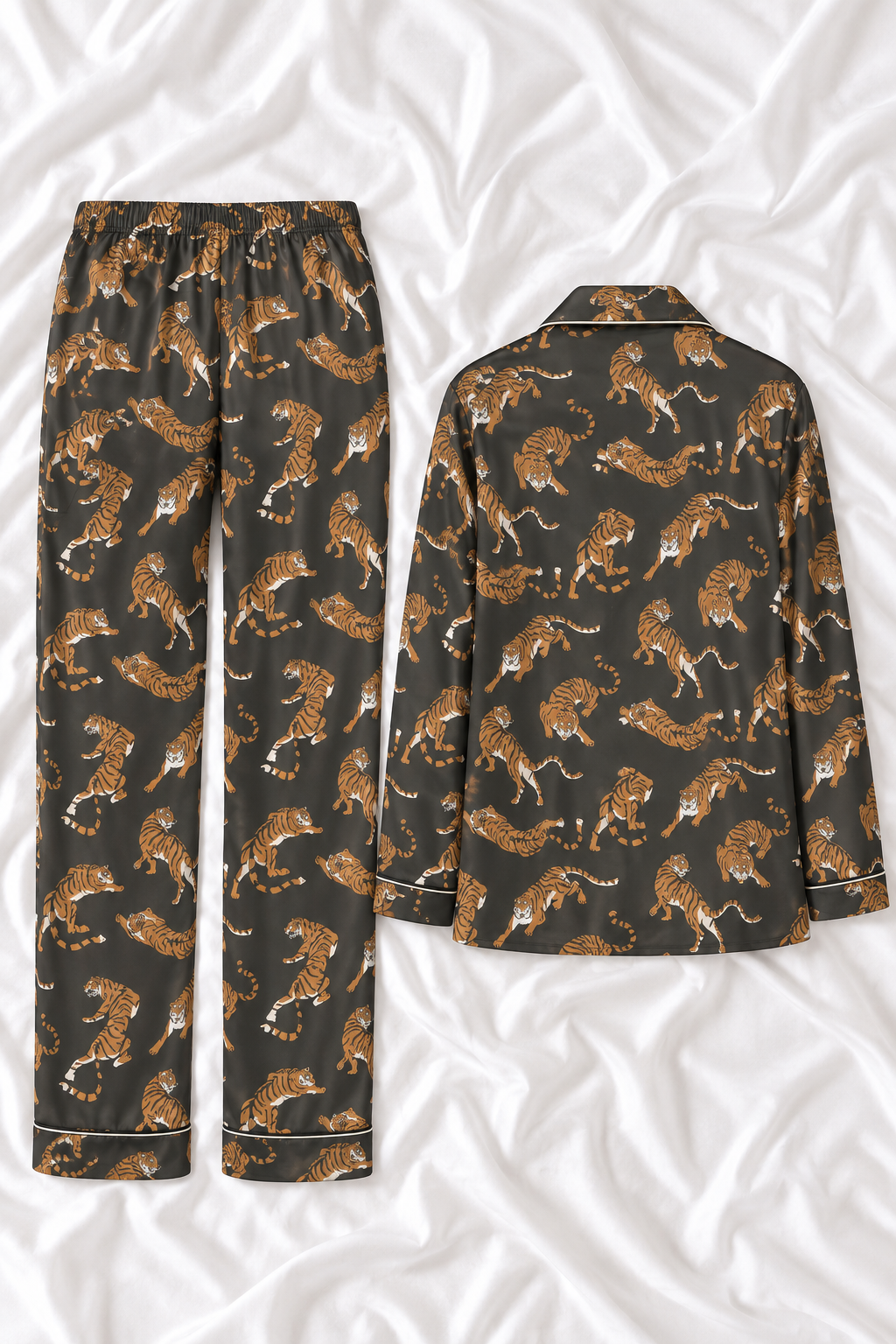 Tiger Print Imitation Silk Pajama Set – Women’s Long Sleeve Sleepwear