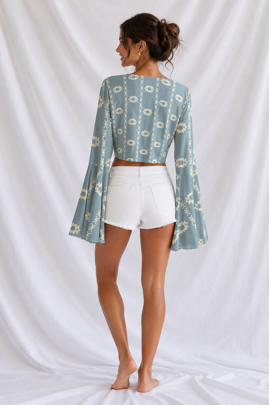 Western Print Mesh Cover Up Top – Women’s Tie Front Bell Sleeve Beach & Swim Cover Up