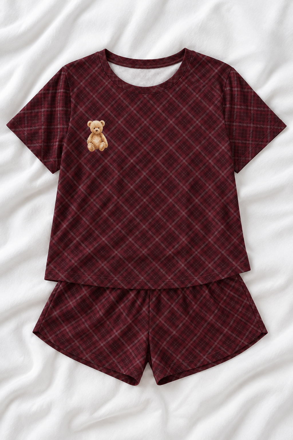 Burgundy Plaid Teddy Bear Soft-Touch Pajama Shorts Set