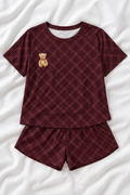 Burgundy Plaid Teddy Bear Soft-Touch Pajama Shorts Set