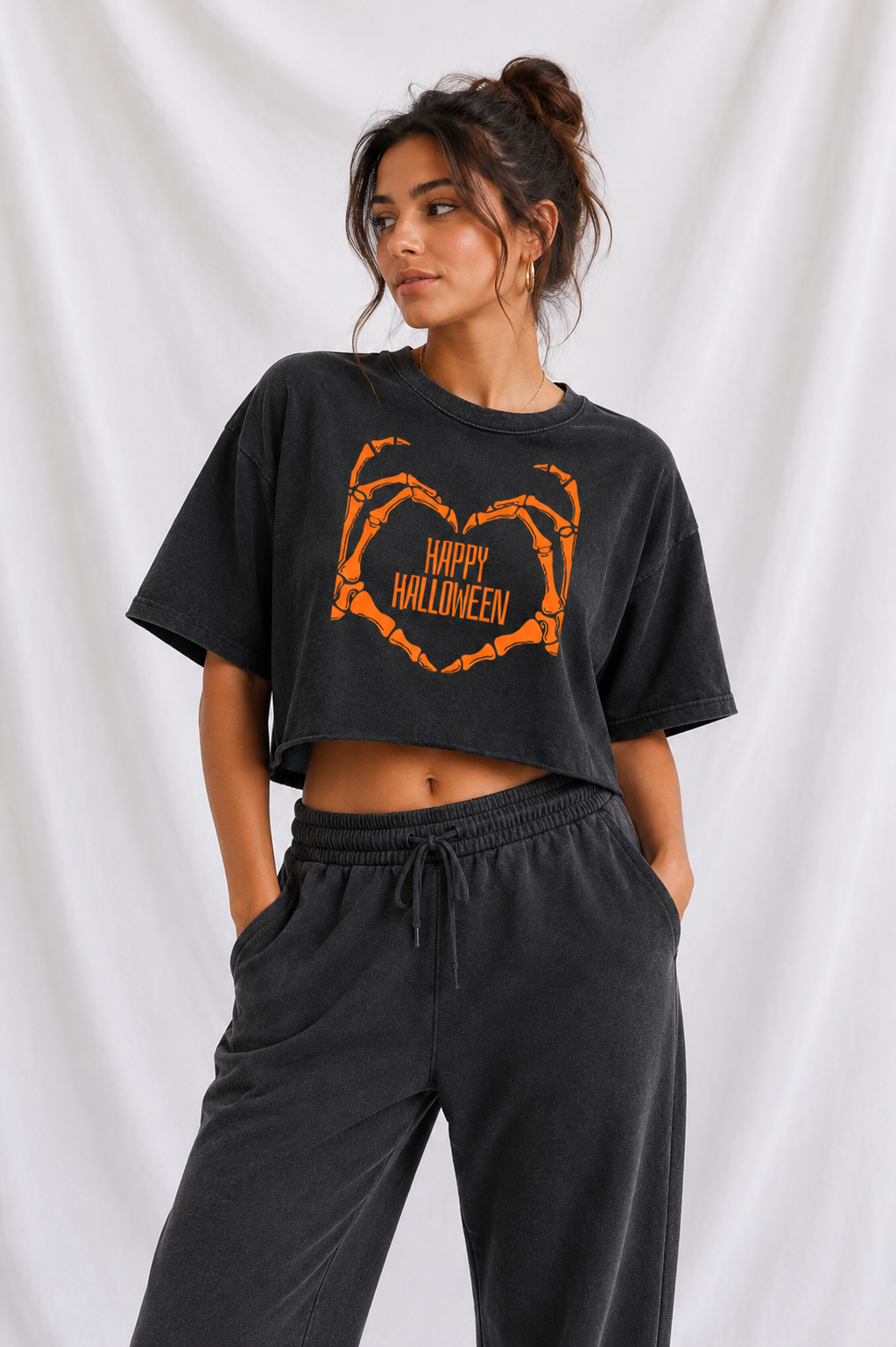 Happy Halloween Skeleton Heart Hands Snow Washed Raw Edge Crop Top