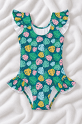 Hawaiian Print Girls’ Ruffle Swimsuit – Kids Tropical One Piece Swimwear