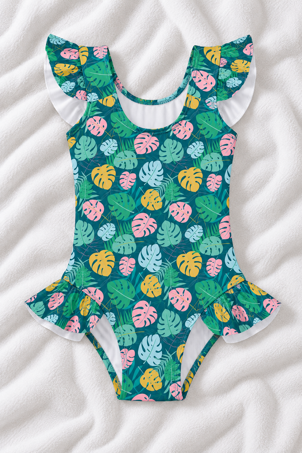 Hawaiian Print Girls’ Ruffle Swimsuit – Kids Tropical One Piece Swimwear