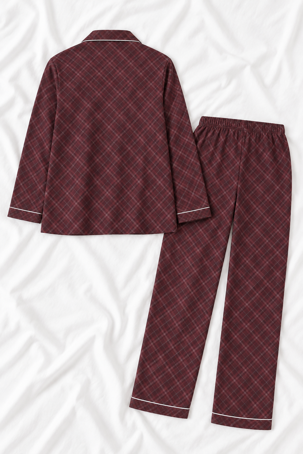 Burgundy Plaid Teddy Bear Silky Long Sleeve Pajama Set