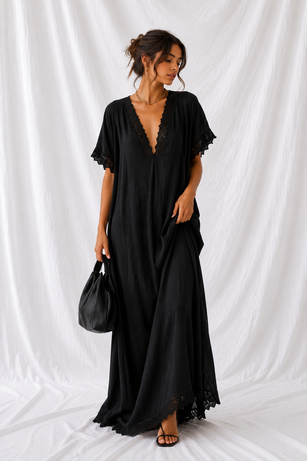 Full Size Lace Trim V-Neck Maxi Dress Plus Size