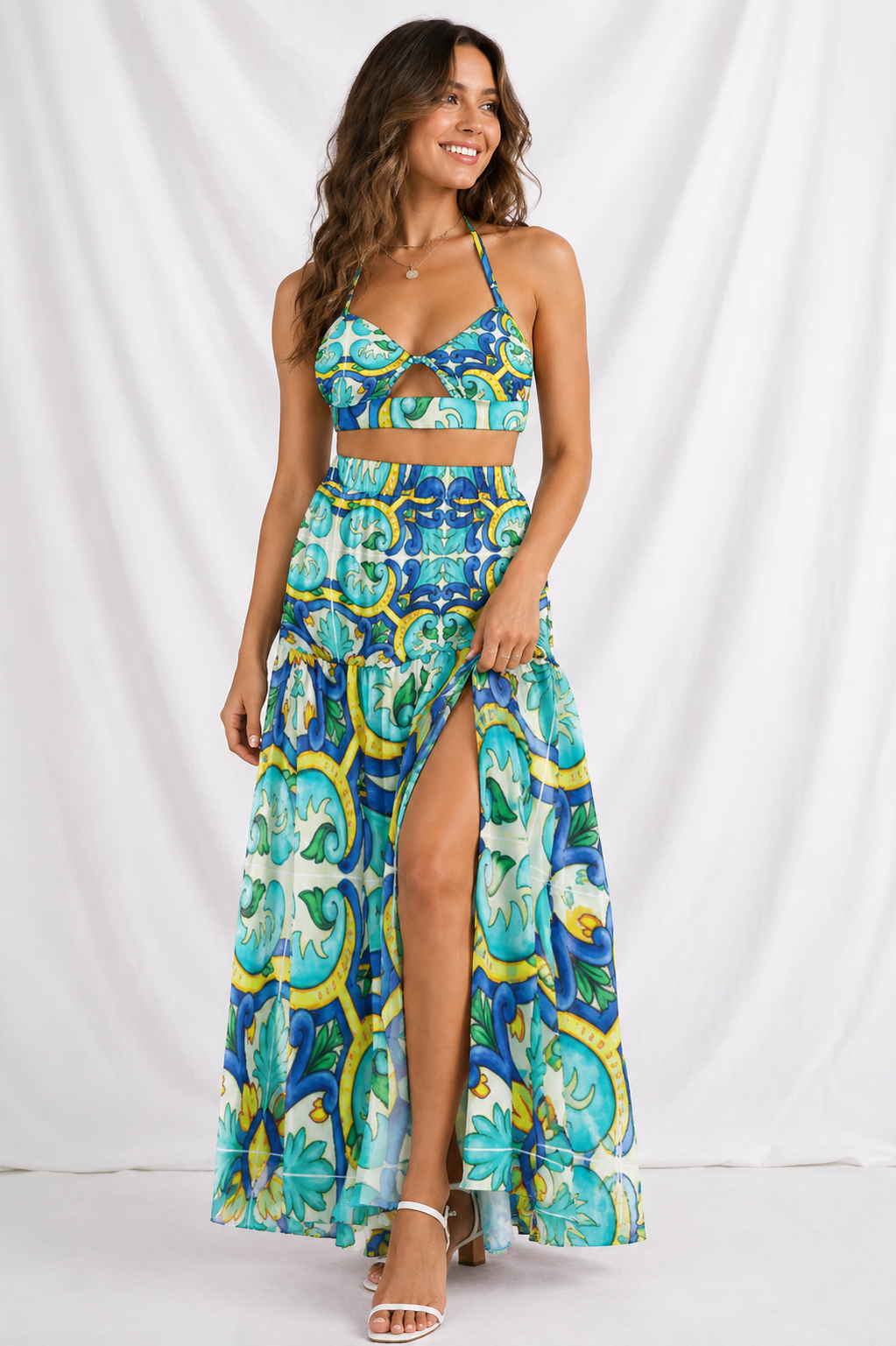 Mediterranean Tile Two Piece Dress Set – Women’s Halter Top & Skirt, Backless Summer Outfit