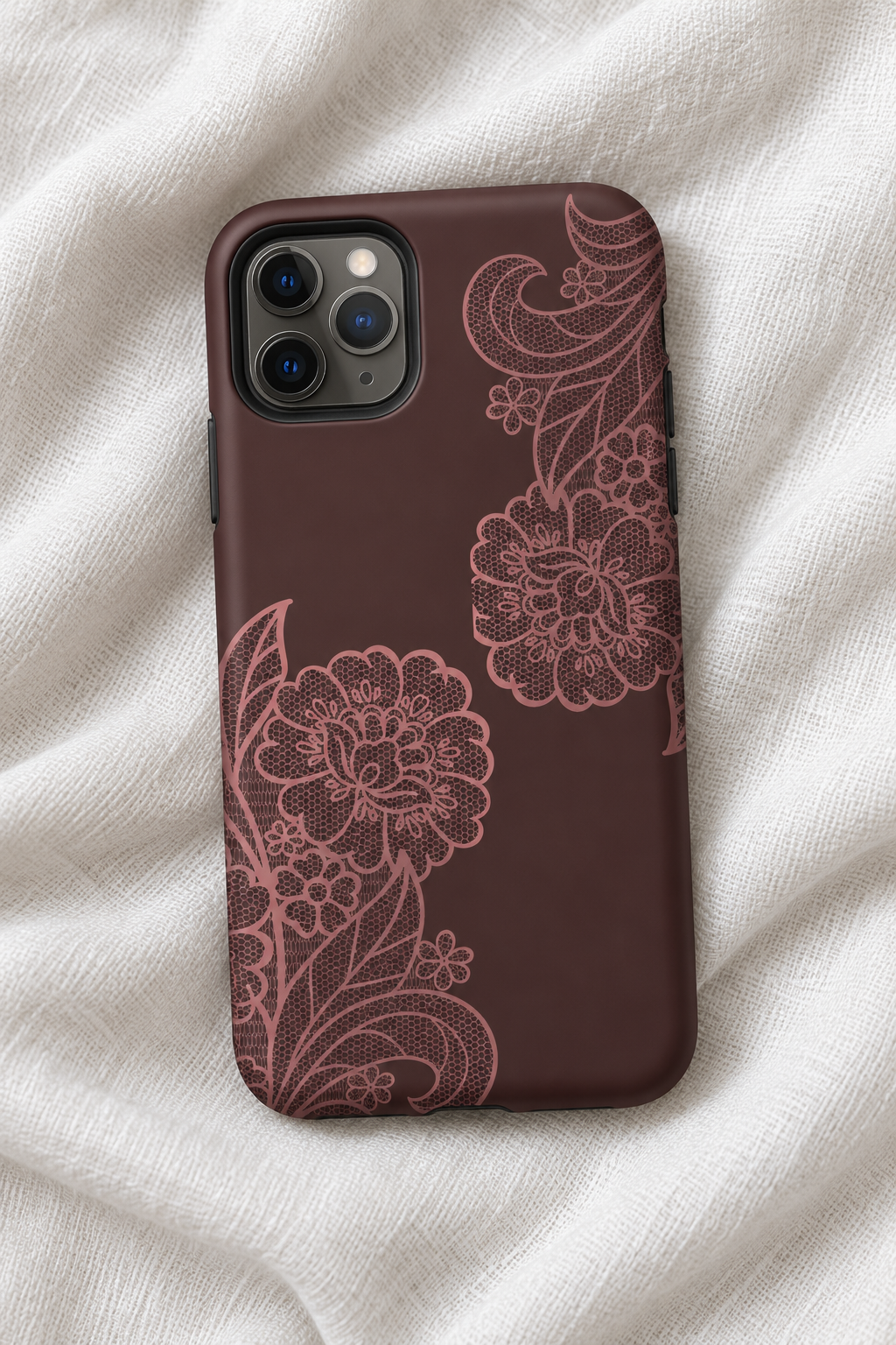 Burgundy Floral Lace Tough iPhone Case – Dusty Rose Vintage Lace Aesthetic Phone Cover