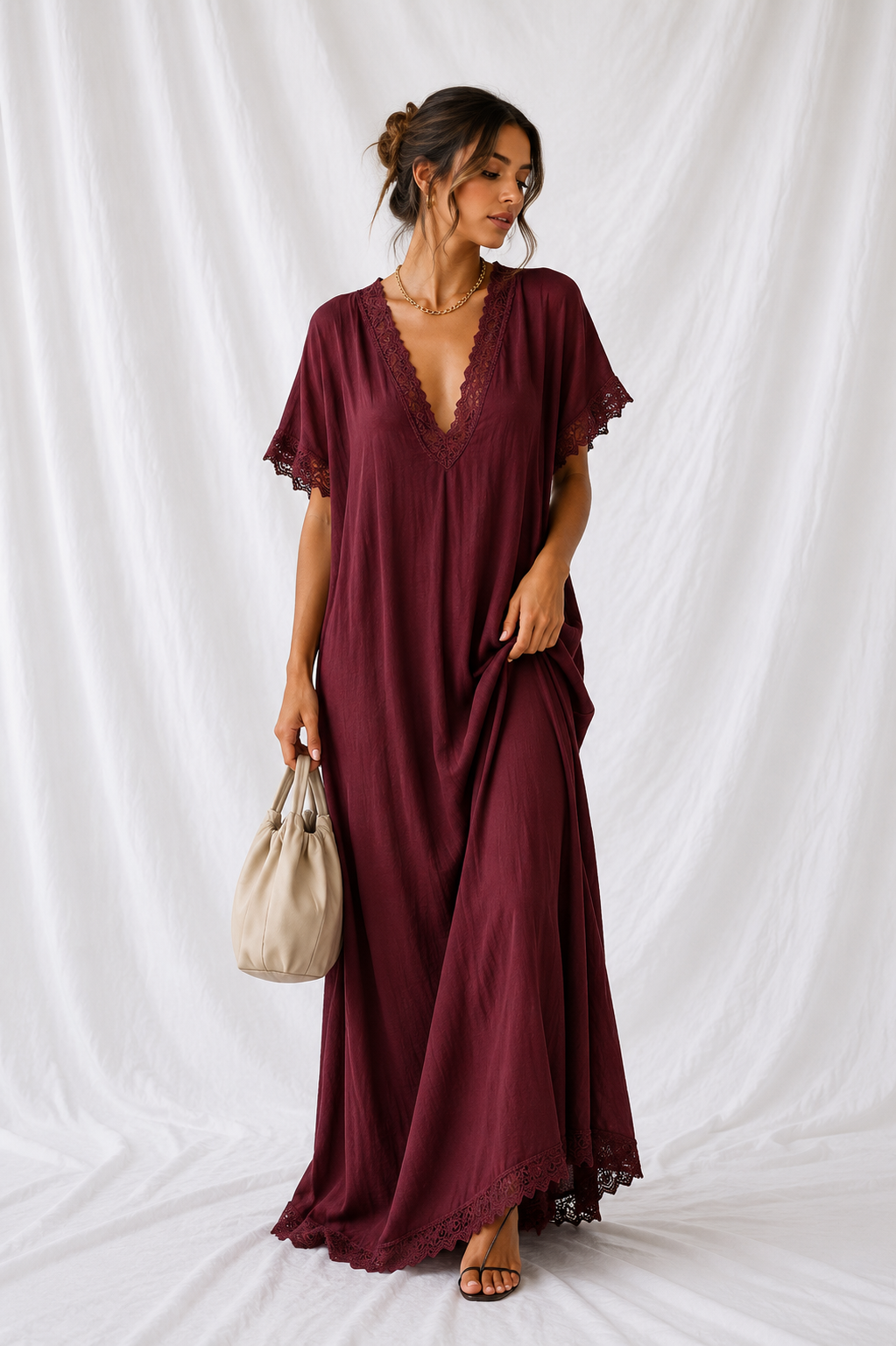 Full Size Lace Trim V-Neck Maxi Dress Plus Size