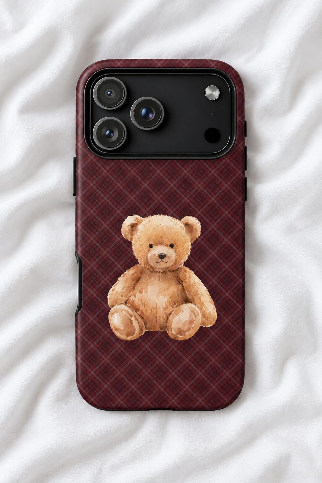 Burgundy Plaid Teddy Bear iPhone Case | Coquette Aesthetic Phone Cover