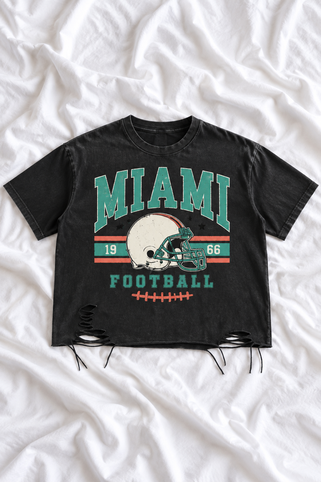 Vintage Miami Football Distressed T-Shirt | Snow Washed Raw Hem Graphic Tee | Aqua & Orange Game Day Shirt