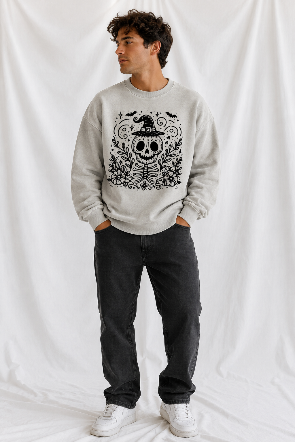 Vintage Wash Witchy Skeleton Graphic Unisex Crewneck Sweatshirt