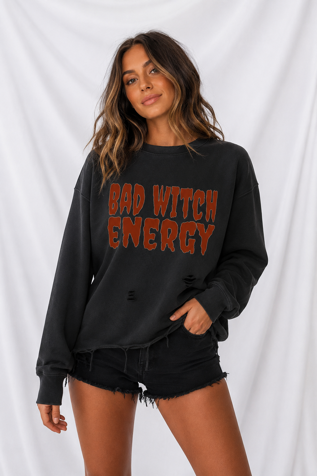Bad Witch Energy Women’s Snow Wash Raw Edge Sweatshirt