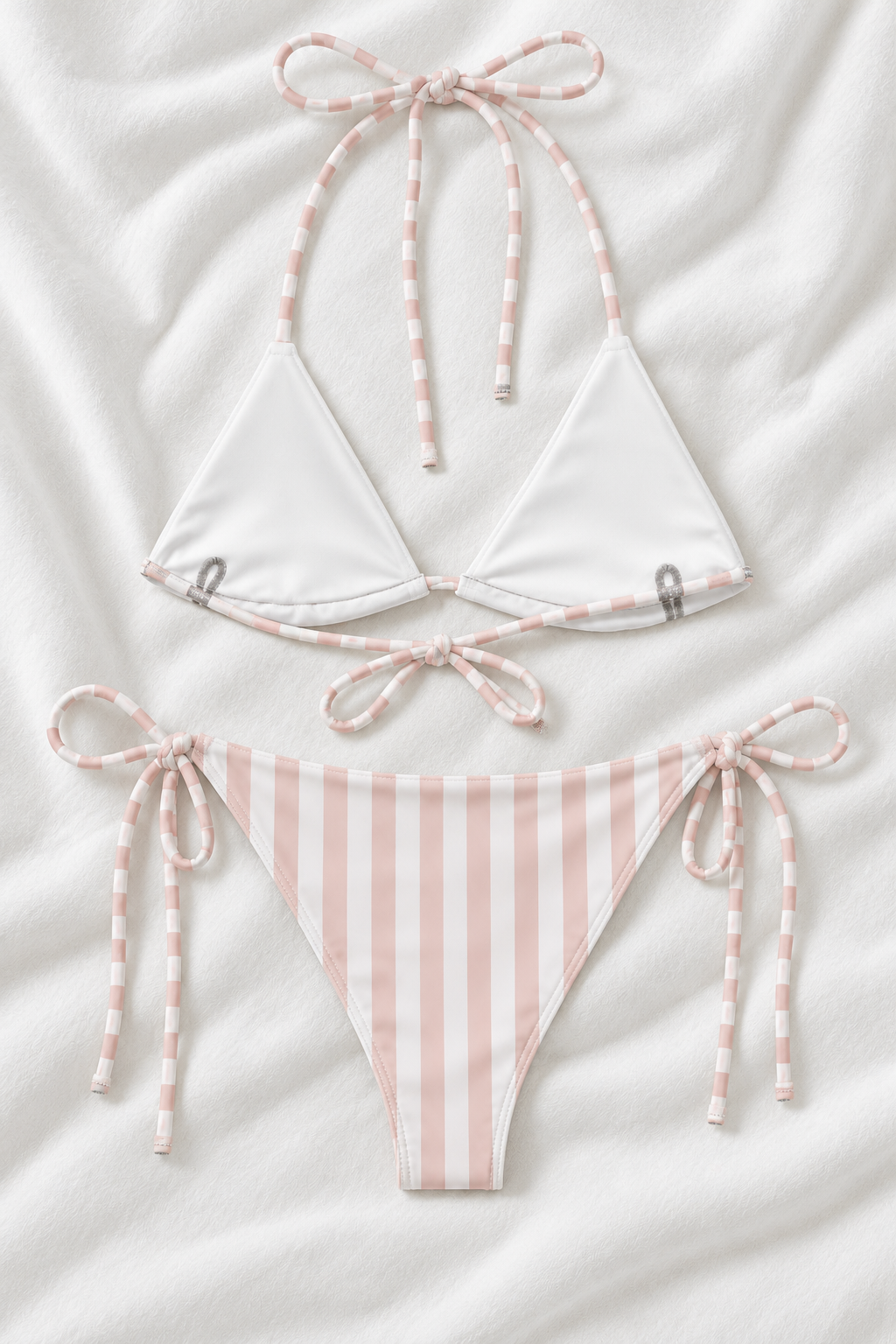 Blush Pink & White Striped Triangle Bikini Set | Tie Side Two Piece Swimsuit