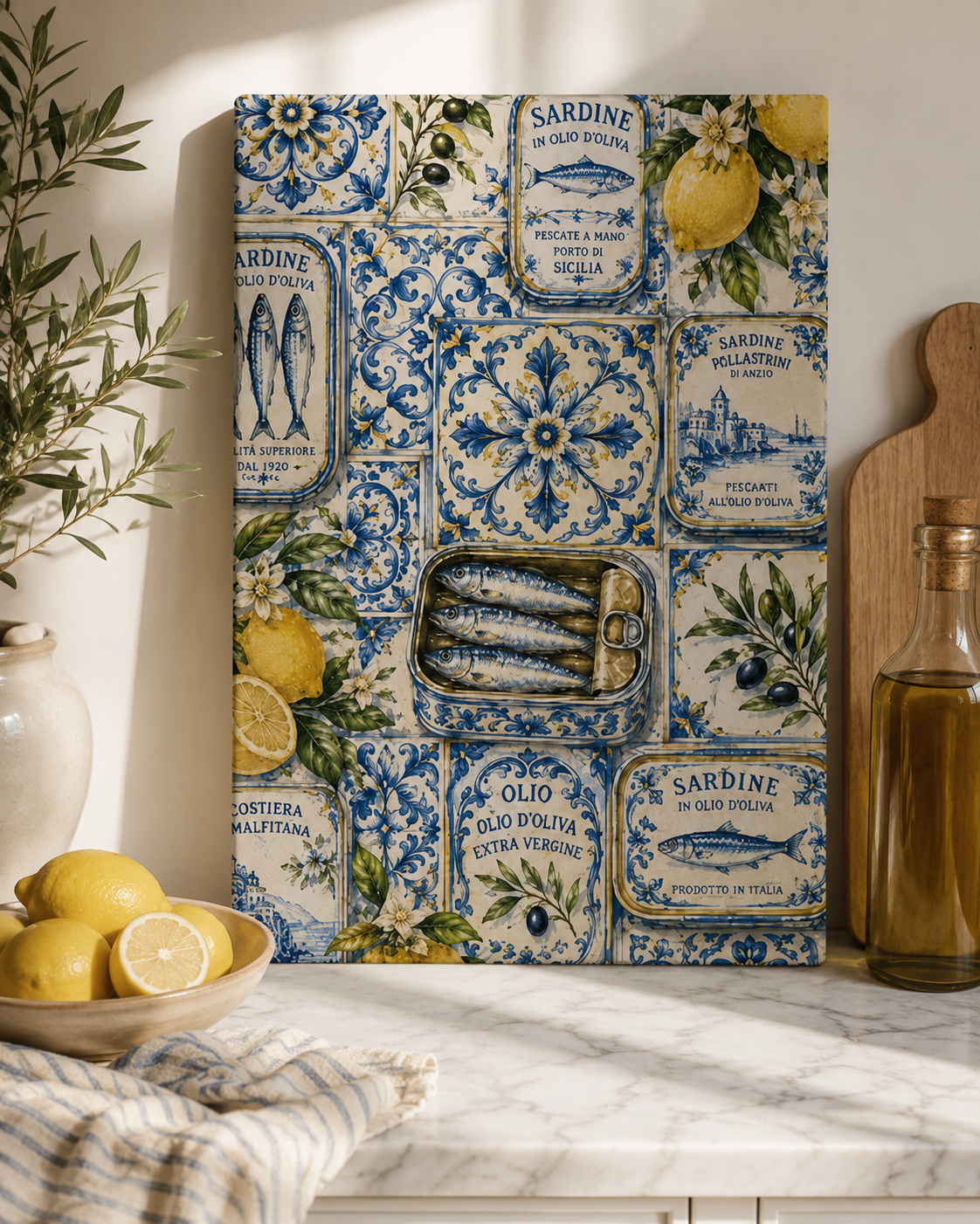 Mediterranean Sardine Canvas Wall Art | Blue Tile Kitchen Decor | Stretched Canvas Print