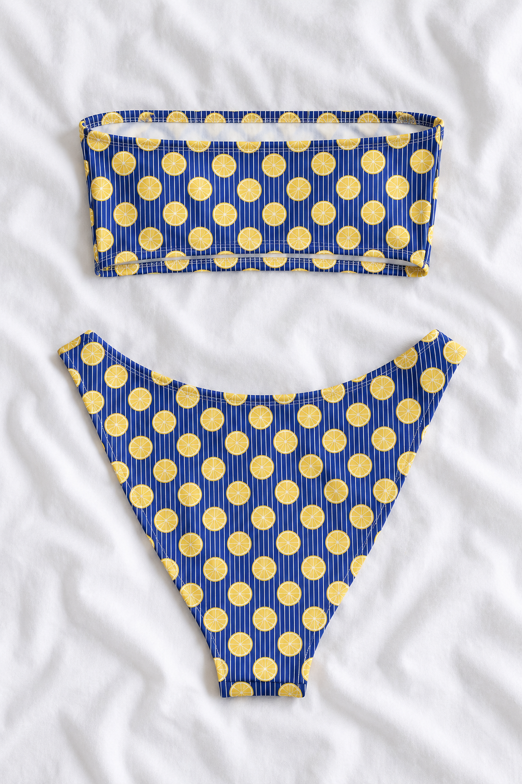 Amalfi Lemon Bandeau Bikini Set | Blue Striped Citrus Print Swimsuit | V-Cut Bikini Bottoms | Italian Summer Swimwear