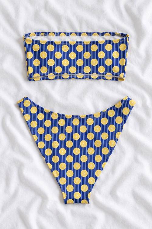 Amalfi Lemon Bandeau Bikini Set | Blue Striped Citrus Print Swimsuit | V-Cut Bikini Bottoms | Italian Summer Swimwear