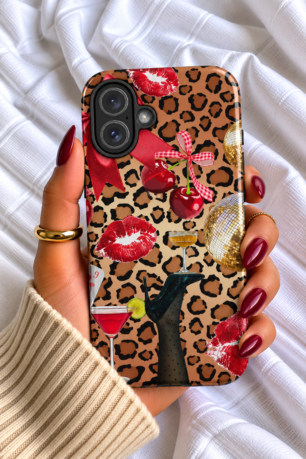 Leopard Print iPhone Case – Coquette Cherry Bow & Disco Ball Phone Case