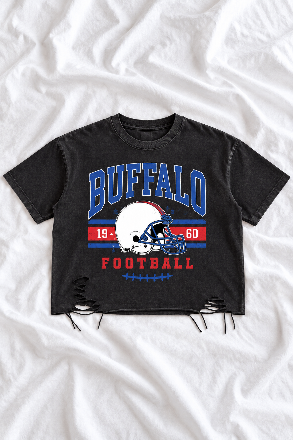 Vintage Buffalo Football Distressed T-Shirt | Snow Washed Raw Hem Graphic Tee | Royal Blue & Red Game Day Shirt