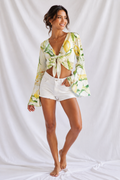 Lemon Print Mesh Cover Up Top – Women’s Tie Front Bell Sleeve Beach & Swim Cover Up