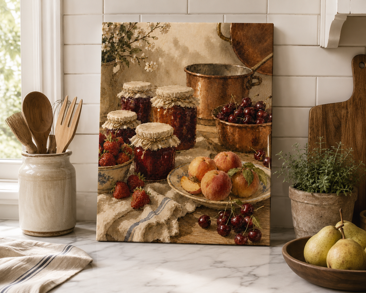 French Country Jam Kitchen Canvas Wall Art | Rustic Fruit Preserves | Stretched Canvas Print