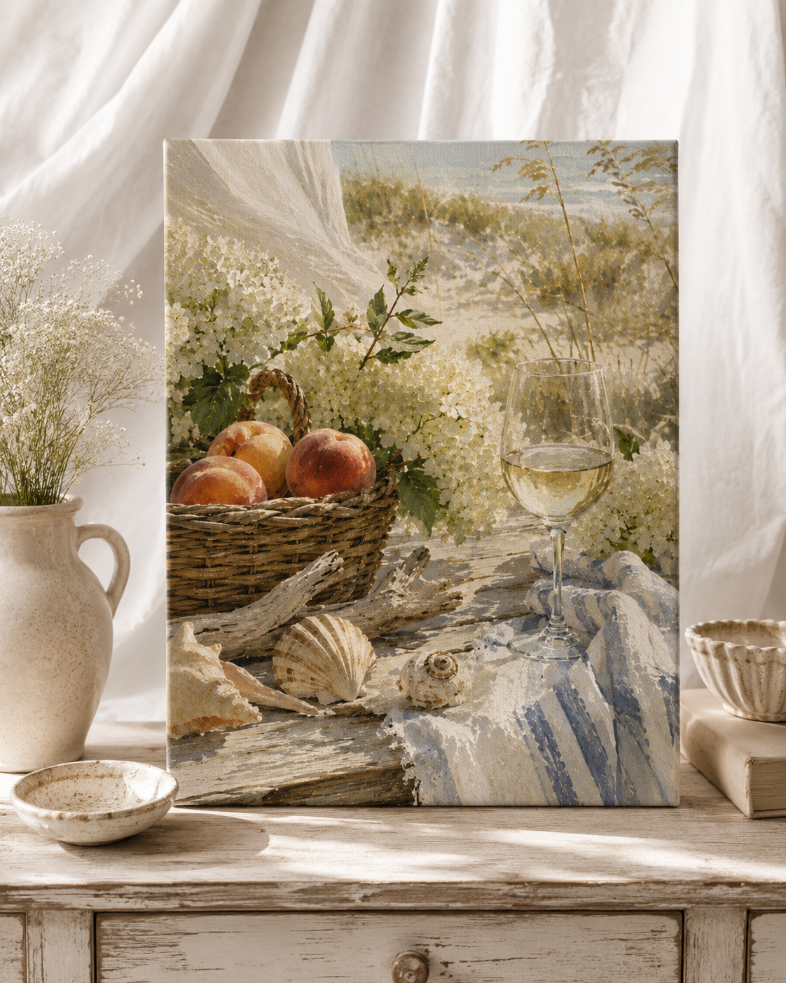 Coastal Picnic Canvas Wall Art | Beach Picnic Landscape | Stretched Canvas Print