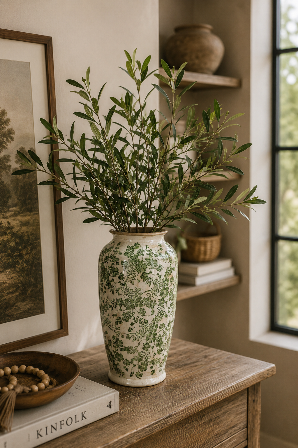 7.7x7.7x14.6' White Ceramic Flower Vase with Green Floral Pattern
