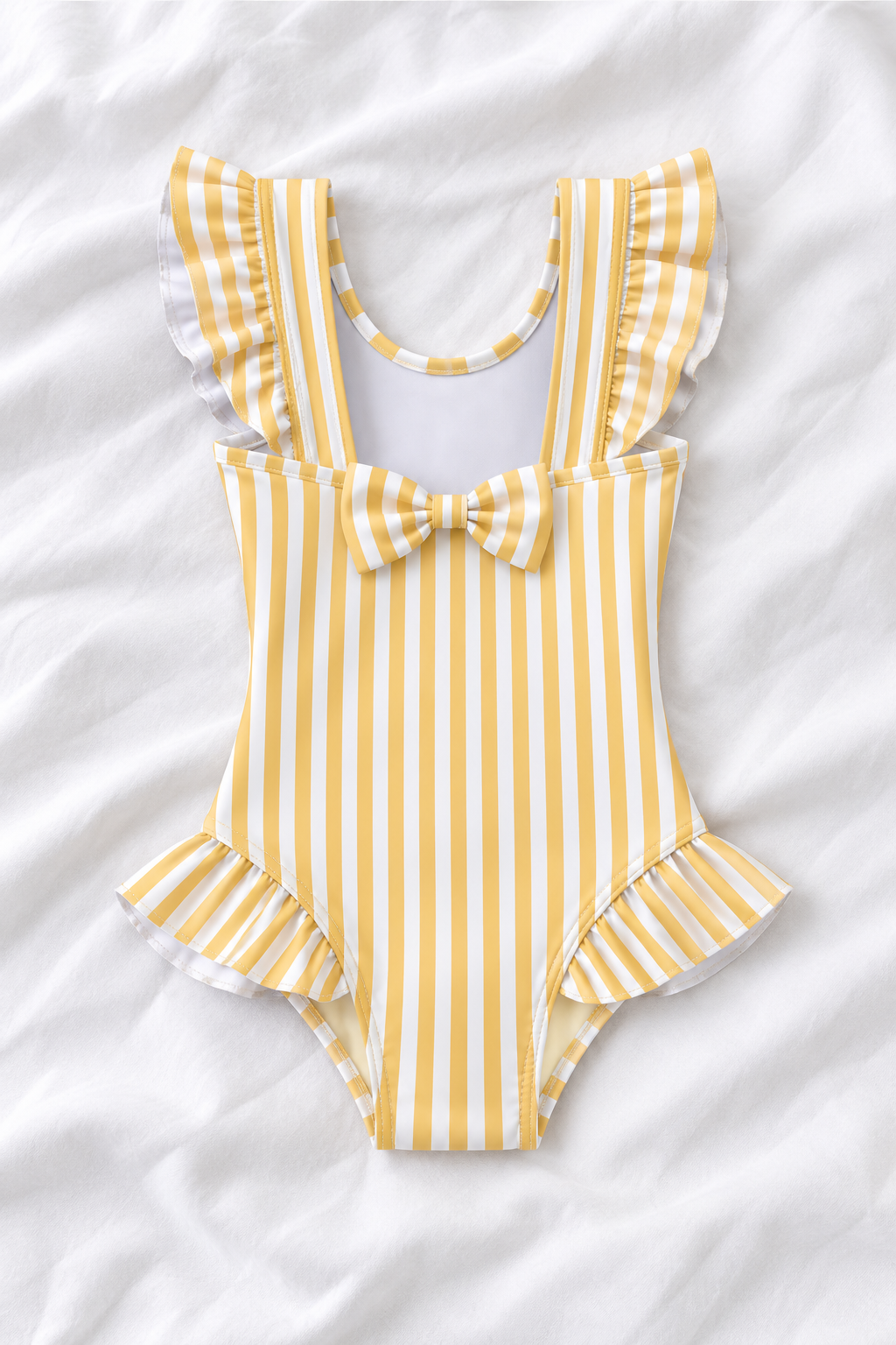 Yellow Stripe Girls’ Ruffle Swimsuit – Kids Striped One Piece Swimwear